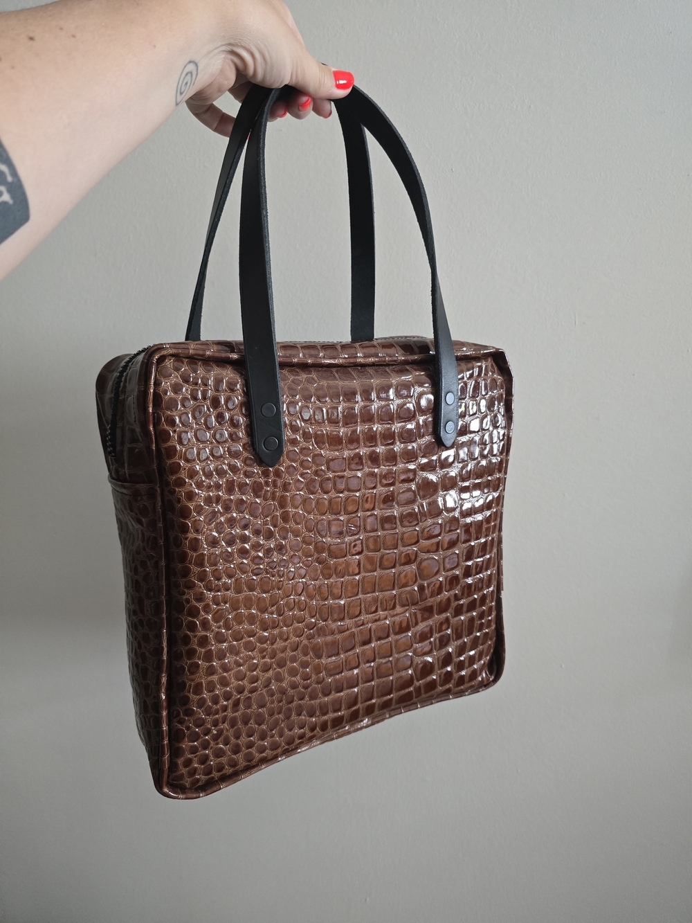 Brown Croc-Embossed Leather Tote Bag with Black Handles